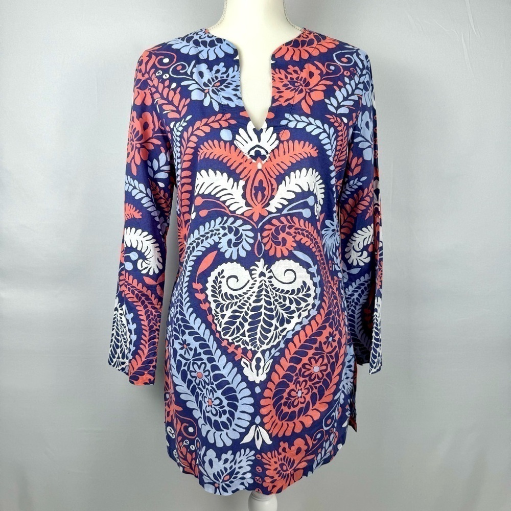 J. McLaughlin Cotton Tunic Top Coverup Lightweight Long Sleeves Paisley Small